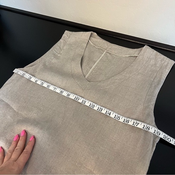 Boutique Linen tunic top Lagenlook asymmetric , pockets, sleeveless, tan, sz M - Picture 8 of 8